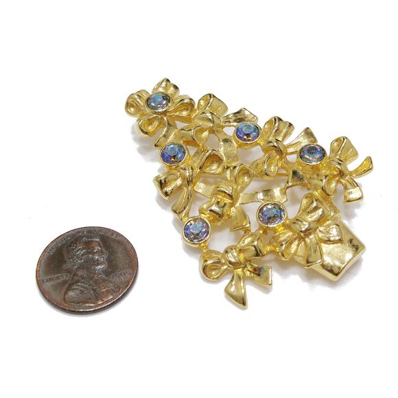 Avon Christmas Tree Brooch, Blue AB Rhinestones, Gold Tone 1960s Vintage Jewelry - Picture 6 of 10